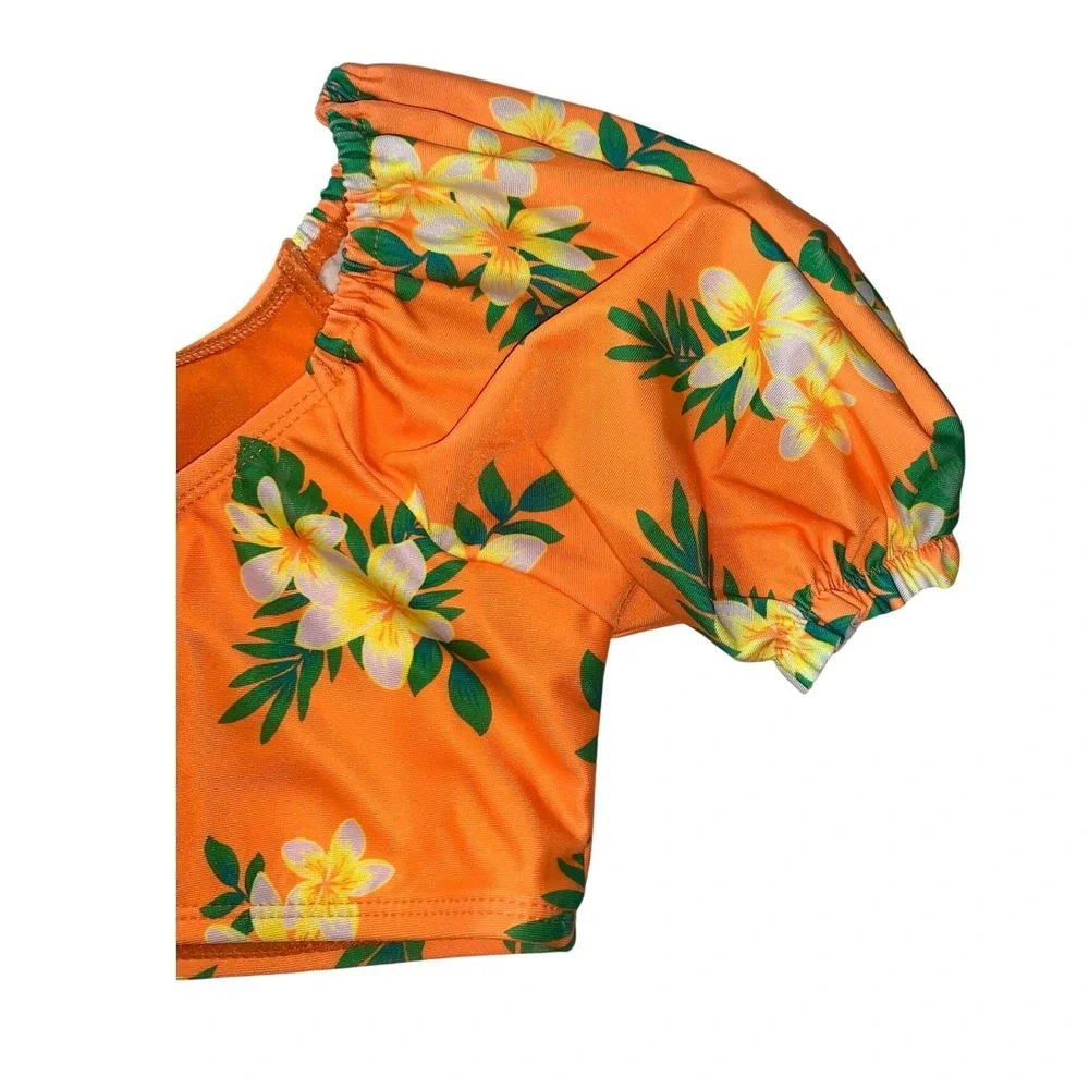 Ocean Gear Girls Orange Yellow Tropical Floral Puff Sleeve Bikini Set Size 6-6X